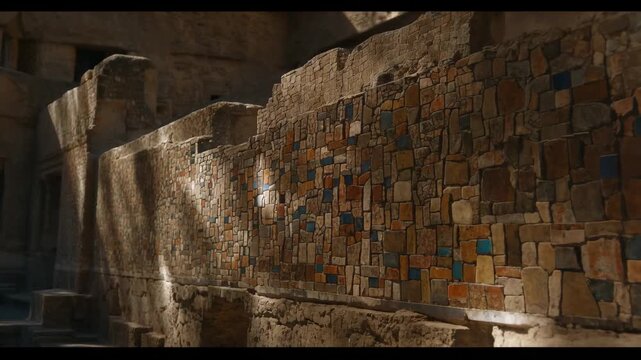 Sunlit ancient stone mosaic wall evokes historic architecture and warm vintage ambiance