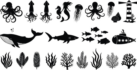 Collection of ocean animal silhouettes with whale shark octopus and mermaid, marine life icons, cad drawing flat vector illustration, sea © MDMOHOBBAT