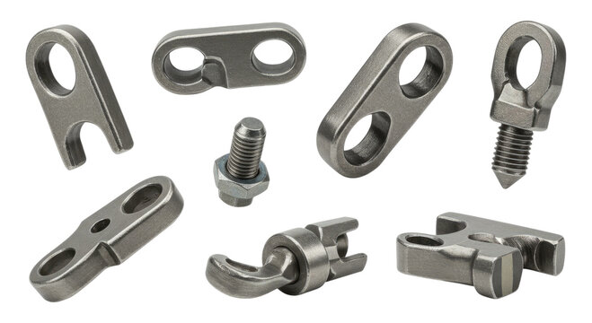 Assorted stainless steel marine rigging fittings and connectors including eye bolts, fork ends, clevises, jaw ends and threaded studs arranged on a transparent background