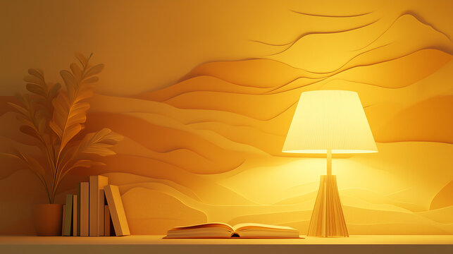 Cozy interior with lamp, book, and decorative plants in warm yellow tones