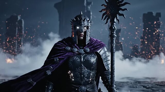 Regal Sovereign Knight in Obsidian Armor Standing in Atmospheric Fog 8K

