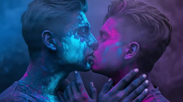 Two young men covered in vibrant neon blue and pink powder paint sharing an intimate kiss against a dark smoky background, artistic gay pride concept