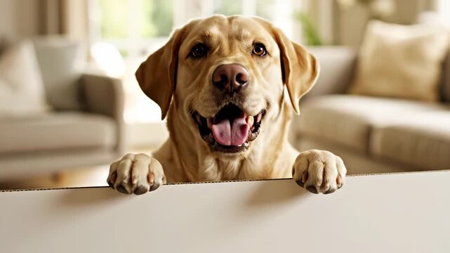 Happy labrador jumping and playing behind white couch indoors