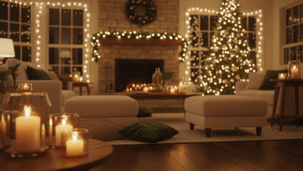 Obraz premium Festive christmas decor and glowing candles create a cozy holiday atmosphere in a home with a fireplace.