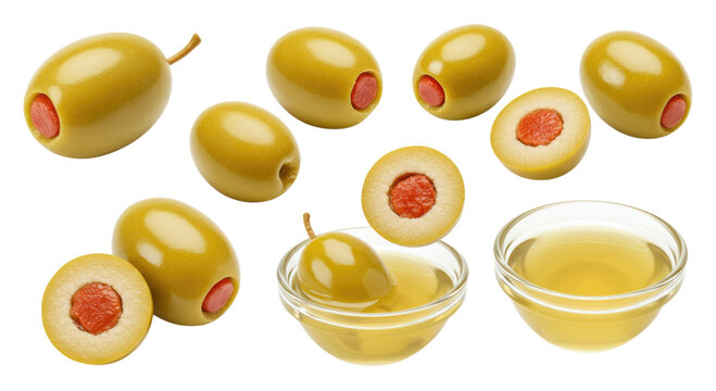 Close-up of green pimento-stuffed olives and glass bowls of olive oil on a transparent background