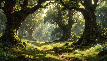 Lush forest scene. Sunlit path leads into a dense wood with old trees, soft light, vibrant green foliage, and wildflowers