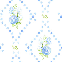 Watercolor Hydrangea and Iris Dotted Seamless Pattern