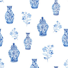 Blue Ceramic Vase Watercolor Seamless Pattern