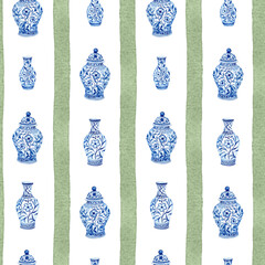 Blue Porcelain Vase Stripe Seamless Watercolor Pattern