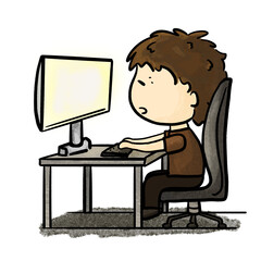 Tired boy working on computer cartoon illustration