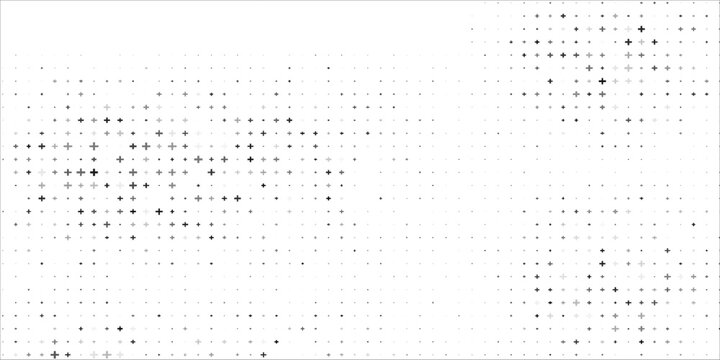 Fading cross shape gradient pattern. Abstract plus sign gradation background. Back and white geometric halftone wallpaper for graphic design, poster, medical banner. Vector transition patern bg