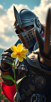 Brave knight striking a heroic, yet funny, pose with a flower,  fantasy,  medieval