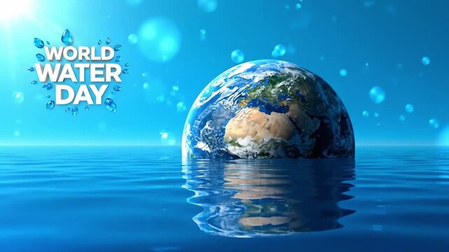 A stunning visual representation of World Water Day with a floating globe partially submerged in calm water, surrounded by a vibrant blue campaign background with droplets of water.