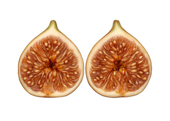 Exquisite Fig Halves: Reveals the intricate inner beauty of two perfectly sliced fig halves, showcasing their rich texture and vibrant colors.
