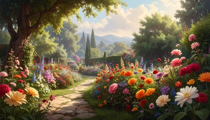 Lush garden path winding through vibrant flowerbeds with trees, rolling hills, and a clear, sunny sky in the background