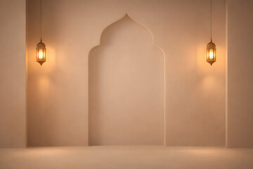 Minimal Ramadan Background with Elegant Islamic Arch and Warm Lantern Light