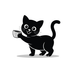 Obraz premium A charming black cat cheerfully holds a small cup enjoying a drink