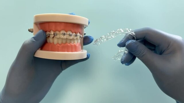 In one hand, the orthodontist holds a jaw with braces, in the other, clear aligners