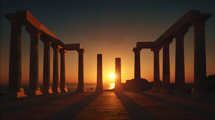 Naklejka premium Ancient greek temple columns at sounion welcoming sunset