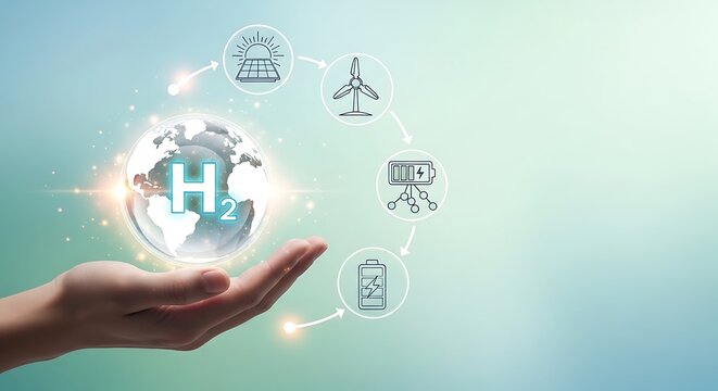 Hand holds glowing earth globe featuring h2 molecule symbolizing global hydrogen energy transition fueled by renewables like solar and wind power