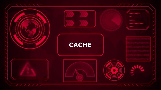 Futuristic HUD interface with "Cache" acronym in glowing blue concentric circles and digital background, HUD The world digital data cyber technology background. 4k animation video