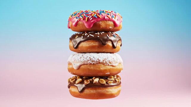 Delicious donut stack rotates against colorful gradient background showcasing sweet treats