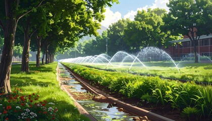 Lush green landscape with rows of trees lining a path. Sprinklers create arcs, water plants in a meadow. A sunny day