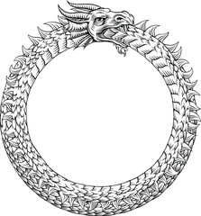 An Ouroboros or Uroboros circle dragon eating its tail circular symbol in a vintage woodcut etching style.