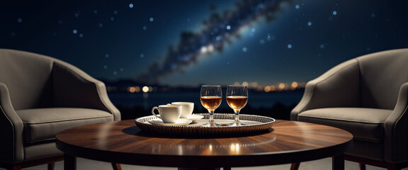 Obraz premium Cozy rooftop dinner setup with coffee and digestif under starry sky 