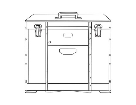 Line drawing of a rectangular chest or trunk with a handle on the top and clasps on the front. Has a drawer