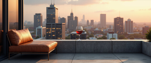 Empty leather banquette with glass of wine overlooking city skyline, Concept of Rooftop dinner event  