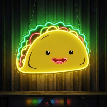 A colorful neon sign of a smiling taco hanging in a dark room