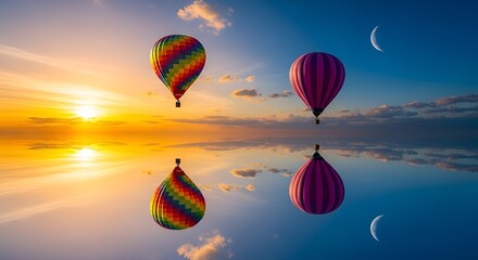 Fototapeta premium Hot Air Balloons Reflecting in Water at Sunset, Dreamy Sky with Moon and Clouds, Vibrant Colors, Surreal Landscape Photography