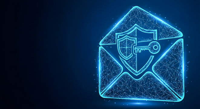 Digital secure email concept represented by a glowing blue wireframe envelope featuring a shield and key icon