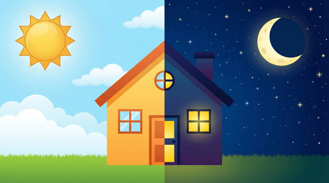 Conceptual illustration of a house showing day and night transition with sun and moon.