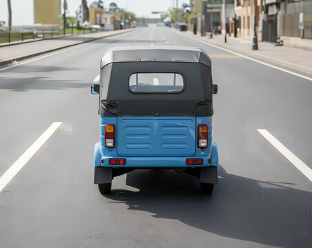 Rear view of blue Indonesia bajaj driving on empty city road during daylight, traditional three wheeled public transportation in Jakarta, urban commute vehicle on asphalt
