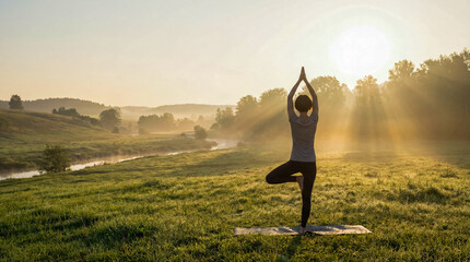 Naklejka premium Woman cancer survivor doing yoga outdoors healthy body remission motivation background negative space left side nature wellness fitness