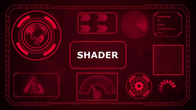 Futuristic HUD interface with "Shader" acronym in glowing blue concentric circles and digital background, HUD The world digital data cyber technology background. 4k animation video