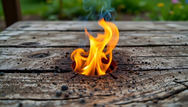 Burning Fire on Wooden Surface: A vibrant display of flames, showcasing the intensity and power of fire as it dances atop a weathered wooden surface.