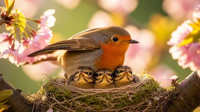 A beautiful robin bird with its cute baby chicks in a nest on a tree branch with pink flowers in spring.