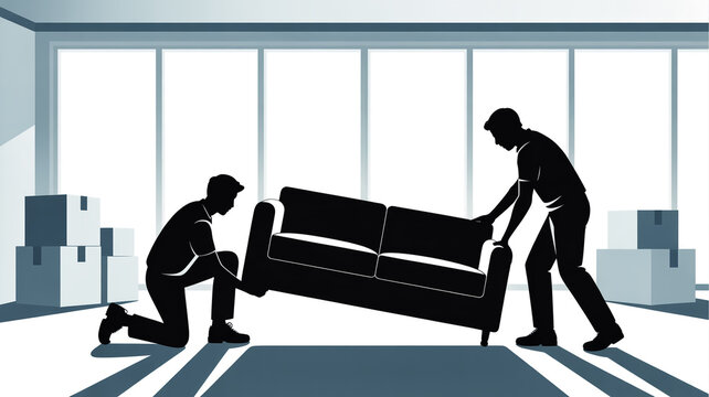 Illustration of two professional movers carrying a sofa into a new home.