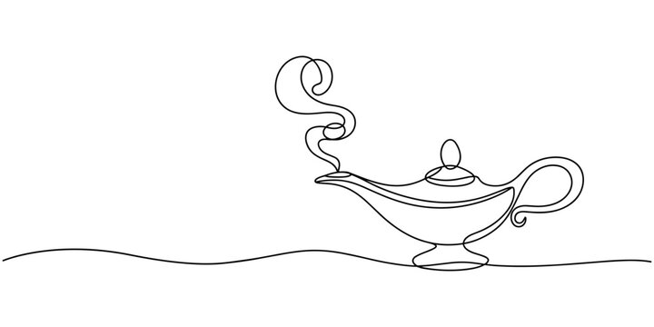 Continuous line of aladin's lamp. single line of classic aladdin lamp vector, Gin lamp one line vector design flat vector icon, vintage aladin teapot continuous line on white.