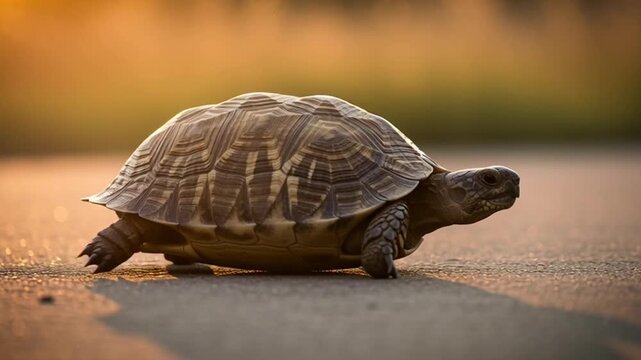 A small turtle slowly walking on a paved surface with a warm, golden sunset glow in the background, showcasing its determined journey.