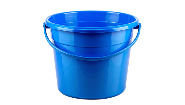 Blue plastic bucket with handle for cleaning, gardening, or storage. Empty pail container for household chores or water. Studio shot isolated object with a transparent background.