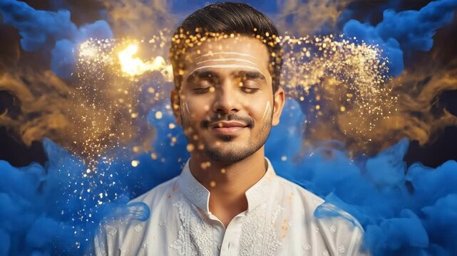 Portrait of a young Indian man in traditional white kurta with tilak on forehead meditating peacefully against a background of blue and gold smoke and a glowing halo