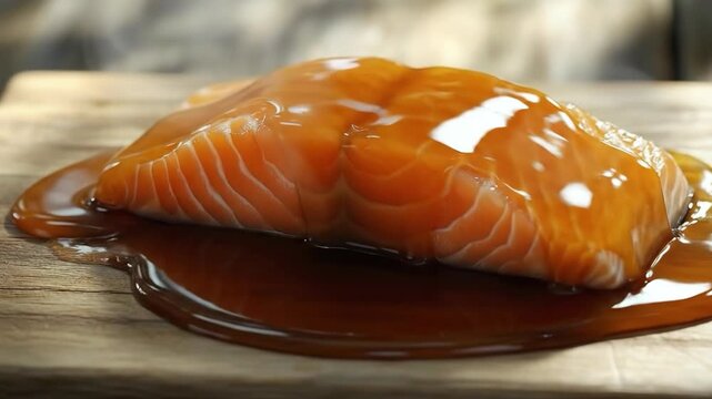 A fresh, glossy salmon fillet glazed in a rich, dark amber sauce on a rustic wooden board. The lighting is warm and cinematic, highlighting the orange texture of the fish.