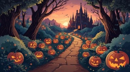 Enchanted forest path with jack-o'-lanterns