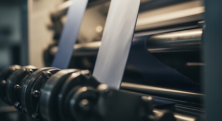 Close-up of industrial machinery processing flexible material on a production line, showing rollers and continuous sheet in a manufacturing plant