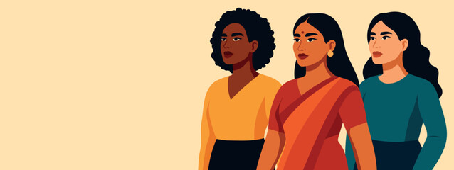 Vector horizontal bright banner for International Women's Day, March 8. Women of different cultures, skin colors, nationalities together. Diversity, gender equality, women's empowerment movements