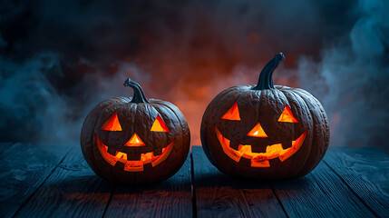 Two jack-o'-lanterns on a wooden surface